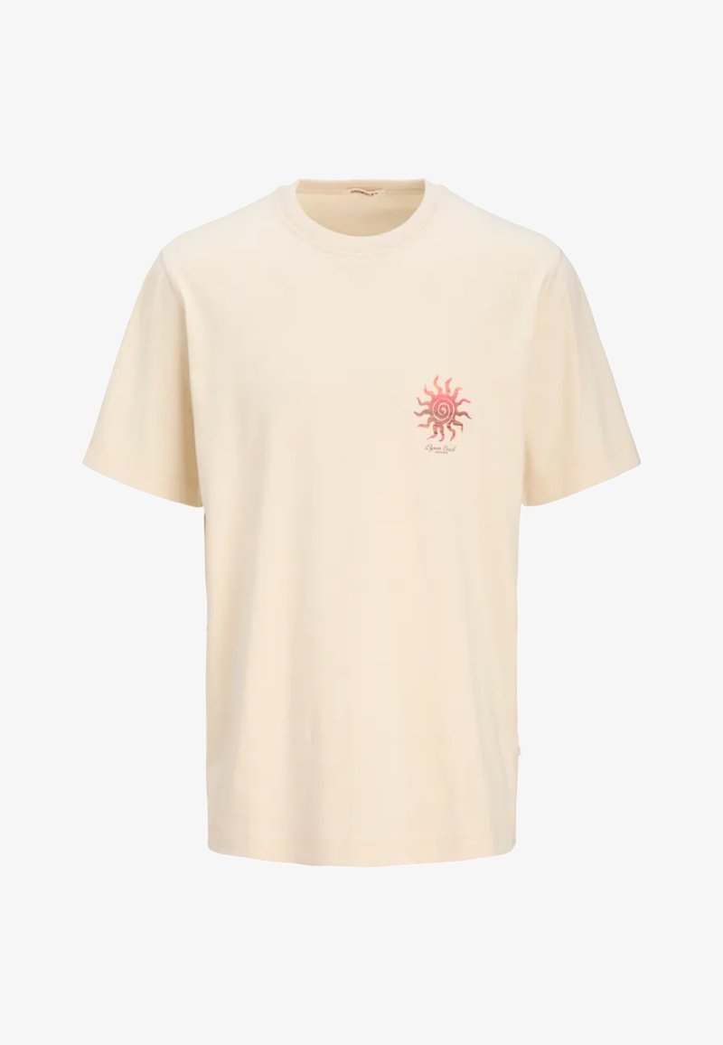 Cream-colored cotton t-shirt with short sleeves, featuring a red spiral sun graphic on the left chest. Classic crew neck design.