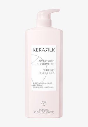 Kerasilk Glättungs-Spülungsflasche, rosa Pumpenspender, beschriftet mit "Genährt. Kontrolliert." Fassungsvermögen 750 ml, Volumen in Flüssigunzen ebenfalls angegeben.