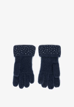 Granatowe rękawiczki wełniane z prążkowanym mankietem, zdobione rozrzuconymi białymi kropkami. Miękka tekstura i klasyczny pięciopalczasty fason.