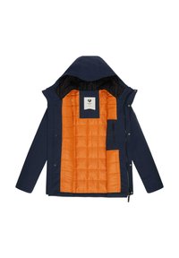 Námořnická modrá bunda s kapucí, vybavená oranžovým prošívaným podšívkovým materiálem a kapsou na zip. Voděodolná vnější látka s patentkami.