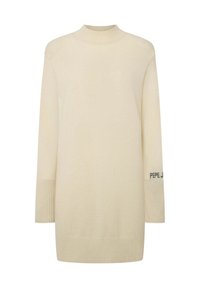 Maglione a maglia color crema con collo alto, maniche lunghe, polsini a coste e logo sulla manica. Tessuto morbido e vestibilità rilassata.