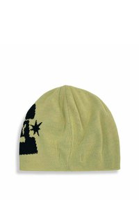 Berretto di lana in verde chiaro con un motivo grafico nero e accenti a forma di stella, realizzato in materiale morbido e flessibile con parte superiore arricciata.
