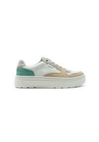 Sneaker bianco realizzato in pelle e camoscio con accenti beige e teal. Presenta una suola testurizzata e un design con lacci per una vestibilità sicura.