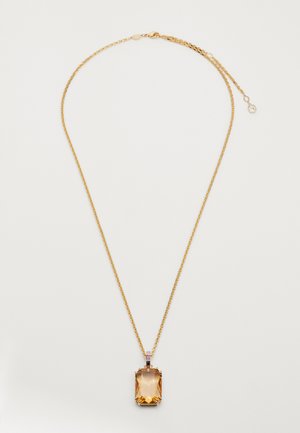 Gold chain necklace with a rectangular amber-colored gemstone pendant and a small clear stone on the adjustable clasp chain.