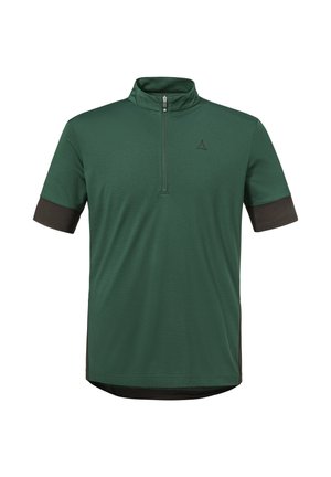 Grünes sportliches Kurzarmshirt mit schwarzen Ärmelsäumen, halbem Reißverschluss am Kragen und kleinem schwarzem Logo auf der linken Brust.