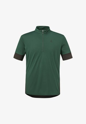Grünes sportliches Kurzarmshirt mit schwarzen Ärmelsäumen, halbem Reißverschluss am Kragen und kleinem schwarzem Logo auf der linken Brust.
