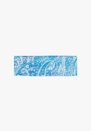 Blue and pink paisley-patterned fabric headband with floral and swirl designs, laid flat on a white background.