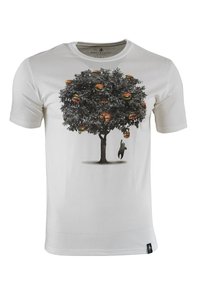White cotton t-shirt featuring a graphic of a tree with burgers as fruit and a figure reaching for one. Short sleeves, round neck.
