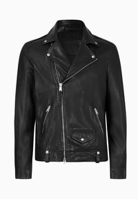 Giubbotto motociclista in pelle nera con colletto a punte, zip frontale diagonale e dettagli in argento. Presenta tasche con zip e una texture liscia.