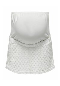 Shorts de maternité blancs avec un panneau de taille extensible et un design en dentelle florale sur les jambes, conçus pour le confort et le soutien.