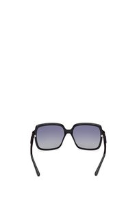 Square sunglasses with black frame and gradient grey lenses. Sleek design features thin arms and silver hardware accents.