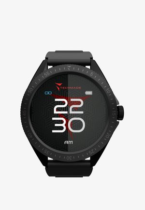 Smartwatch nero con quadrante rotondo, display digitale che mostra l'ora e l'icona della batteria. Sfondo con motivo geometrico e cinturino nero testurizzato.