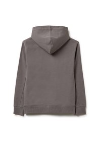 Effen grijs capuchon sweatshirt zichtbaar vanaf de achterkant met lange mouwen en geribde manchetten en zoom tegen een witte achtergrond.