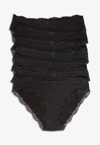 Ensemble de culottes en coton noir avec bordure en dentelle, présentant des bords festonnés et de petits nœuds. Chaque paire a une texture lisse et un design sans coutures.