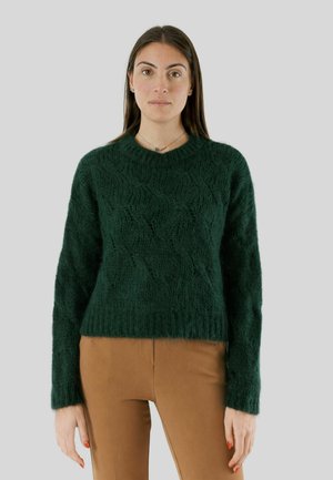 Donna con capelli lisci e scuri che indossa un maglione verde scuro a trecce e pantaloni marrone chiaro, su uno sfondo grigio uniforme.