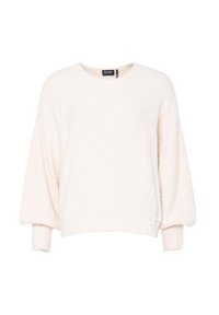 Světle růžový svetr vyrobený z měkkého a nadýchaného materiálu. Má široký kulatý výstřih, spadlá ramena a žebrované manžety pro uvolněný střih.