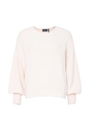 Vaaleanpunainen neule, joka on valmistettu pehmeästä ja pörröisestä materiaalista. Tässä on leveä pyöreä kaulus, pudotetut olkapäät ja ribatullettu hihansuut, jotka antavat rennon istuvuuden.