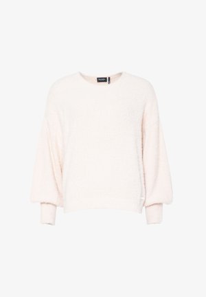 Lichtroze sweater van zacht, fluffy materiaal. Heeft een brede ronde hals, verlaagde schouders en geribbelde manchetten voor een comfortabele pasvorm.