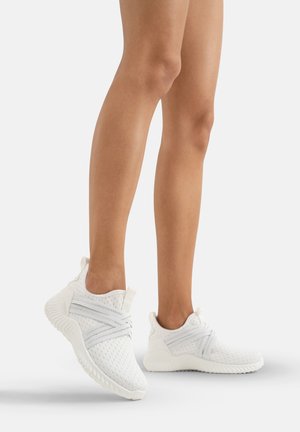 White mesh sneakers with a textured finish, featuring grey accent stripes and a cushioned sole, designed for comfort and breathability.