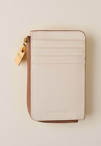 Light beige leather wallet with a zipper, featuring multiple card slots and a gold-tone hardware tag. Smooth texture with stitched edges.