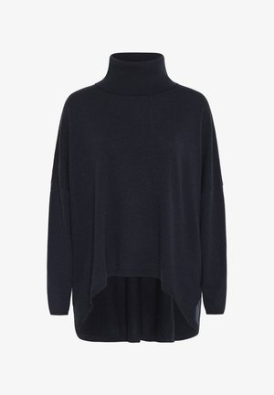 Tmavě modrý rolák se volnějším střihem, širokými rukávy a zakřiveným lemem. Vyroben z měkké pleteniny, s vroubkovaným límcem.