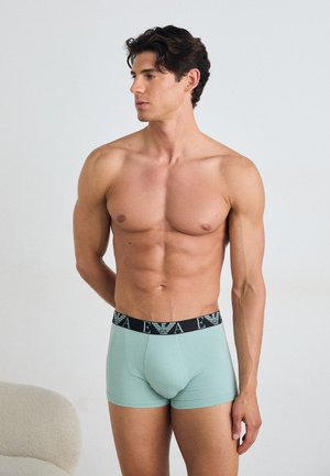 Boxer en coton vert menthe clair avec une ceinture élastique noire arborant un logo. Coupe classique, texture lisse, design ajusté.