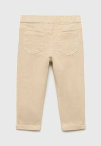 Beige puuvillahousut, joissa on kumivyötärö, kahdella takataskulla, käärittyjen lahkeiden ja sileän pinnan kanssa.