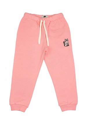Rosa Kinderjogginghose mit elastischem Bund, weißem Kordelzug, gerippten Bündchen und einer kleinen gestickten Katze am rechten Oberschenkel.