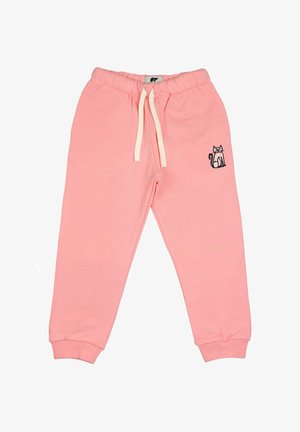 Pantaloni della tuta rosa per bambini con vita elastica, coulisse bianca, polsini a costine e un piccolo ricamo di un gatto sulla coscia destra.