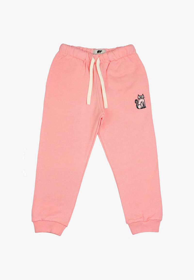 Pantalon de survêtement rose pour enfants avec ceinture élastique, cordon blanc, poignets côtelés et un petit chat brodé sur la cuisse droite.