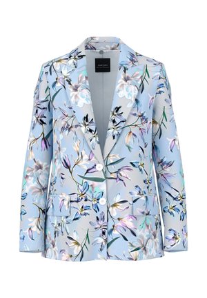 Light blue blazer with button closure, featuring a multicolored floral pattern and two front flap pockets.