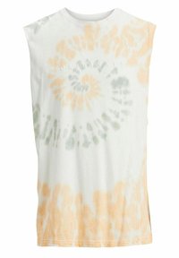 T-shirt sans manches blanc avec un motif tie-dye en orange et vert. Le tissu est doux, avec le mot "ORIGINALS" imprimé sur le devant.