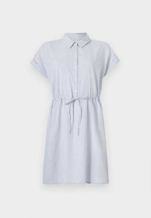 Ribagaheline kleit helesinise ja valge puuvilla segus. Omab kraed, lühikesi varrukaid, nupuvärvi ja sidumisvööd reguleeritava sobivuse jaoks.