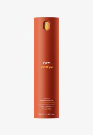 Dyson Omega Leave-in Conditioning Spray in a smooth cylindrical orange bottle with a yellow push button, 165 mL capacity. Text on label.