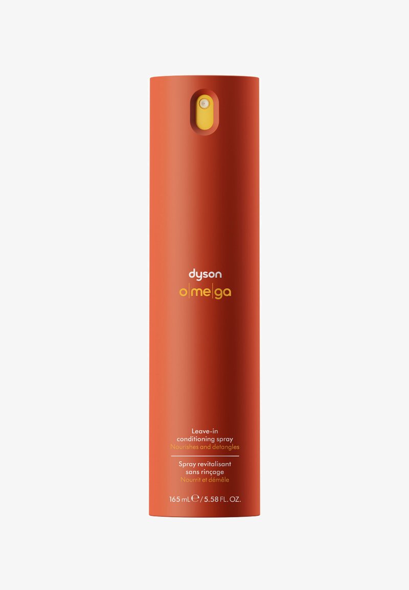 Dyson Omega leave-in conditioning spray i en glat cylindrisk orange flaske med en gul trykknap, 165 ml kapacitet. Tekst på etiketten.