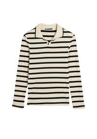 Polo de manga larga en color crema con rayas horizontales negras, con cuello y tapeta. Tejido texturizado y acanalado.