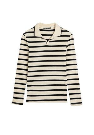Polo a maniche lunghe color crema con strisce orizzontali nere, dotato di colletto e bottoniera. Tessuto a coste e testurizzato.