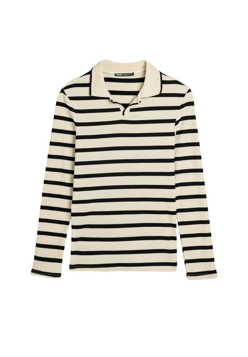 Polo de manga larga en color crema con rayas horizontales negras, con cuello y tapeta. Tejido texturizado y acanalado.