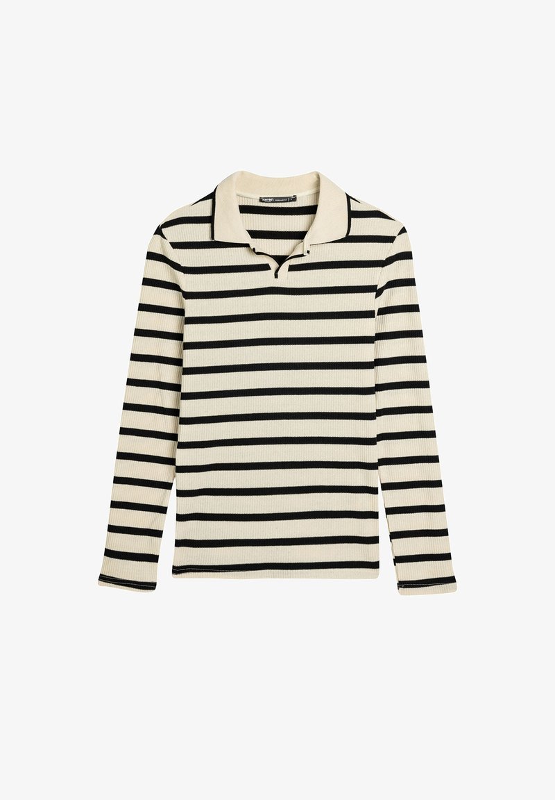 Pitkähihoinen polo-paita cream-värissä mustilla vaaka-viivoilla, jossa on kaulus ja nappilista. Rakeinen, ribbitetty kangas.
