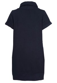 Tmavě modré šaty s krátkými rukávy a vysokým límcem. Vyrobené z hladké látky. Mají volný střih a zaoblený spodní lem.