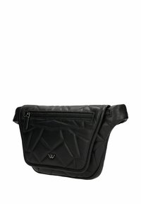 Borsa a tracolla nera realizzata in pelle texturizzata. Presenta un design geometrico, una tasca frontale con zip e un accento con logo sul fronte.