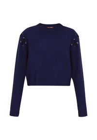 Maglione navy cropped con maniche lunghe, caratterizzato da dettagli con lacci sulle spalle e polsini e orlo a costine. Realizzato in tessuto a maglia.