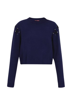 Pull cropped marine à manches longues, avec des détails en laçage sur les épaules et des poignets et une finition côtelée. Fabriqué en tissu tricoté.