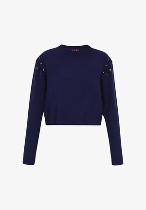 Marineblauer, gekürzter Pullover mit langen Ärmeln, der über Schnürdetails an den Schultern sowie gerippten Bündchen und Saum verfügt. Hergestellt aus Strickstoff.
