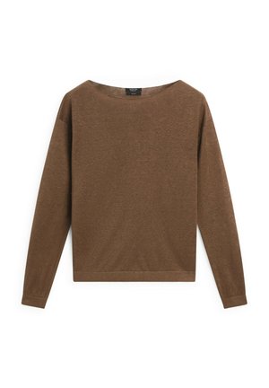 Brauner Langarmpullover aus weichem, strukturiertem Stoff. Verfügt über einen weiten Bootsausschnitt und eine lockere Passform, die an der Hüfte endet.