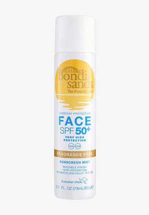 Bondi Sands face sunscreen mist, SPF 50+, fragrance-free, very high protection, 72-hour hydration, dermatologically tested, Australian made, 79mL bottle.