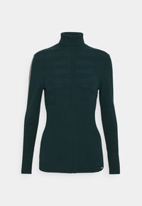 Dunkelgrüner Rollkragenpullover mit geripptem Muster. Verfügt über horizontale Streifen auf der Vorderseite und einfarbige Ärmel. Figurbetontes Design, glatte Oberfläche.