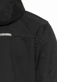 Black jacket with a textured fabric, adjustable hood, and reflective strip across the back. Features stitched seams for durability.