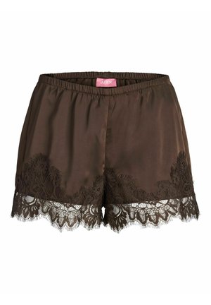 Short en satin marron avec une large bordure en dentelle florale à l'ourlet et une ceinture élastique, avec une étiquette de marque rose à l’intérieur à l’arrière.