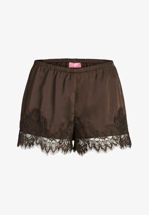 Short en satin marron avec une large bordure en dentelle florale à l'ourlet et une ceinture élastique, avec une étiquette de marque rose à l’intérieur à l’arrière.